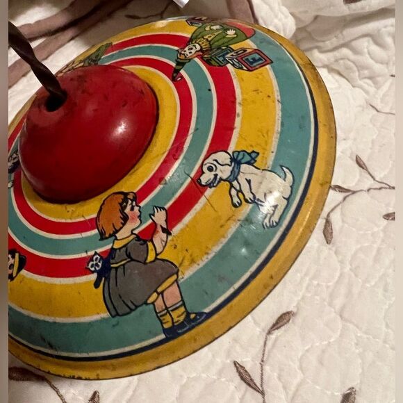 Vintage 1930s Spinning Top Toy Tin & Wood - Picture 10 of 13